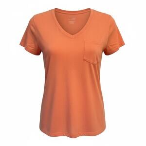 SO Favorite V-Neck Pocket Tee Coral Pink Orange Small Vintage Y2K Boho Soft Top